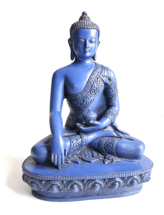 9-Inch Handmade Resin Shakyamuni Buddha Statue with Blue Lapis Floral Carving