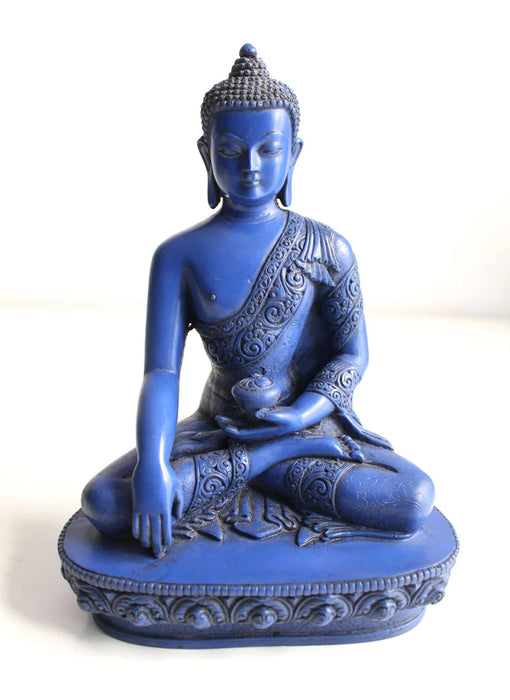 9-Inch Handmade Resin Shakyamuni Buddha Statue with Blue Lapis Floral Carving