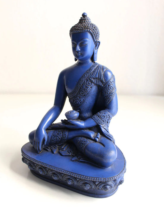 9-Inch Handmade Resin Shakyamuni Buddha Statue with Blue Lapis Floral Carving