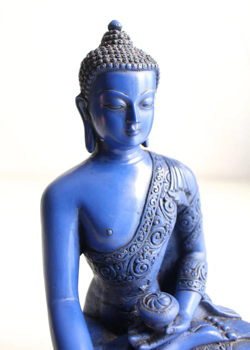 9-Inch Handmade Resin Shakyamuni Buddha Statue with Blue Lapis Floral Carving