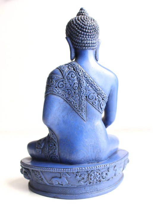 9-Inch Handmade Resin Shakyamuni Buddha Statue with Blue Lapis Floral Carving