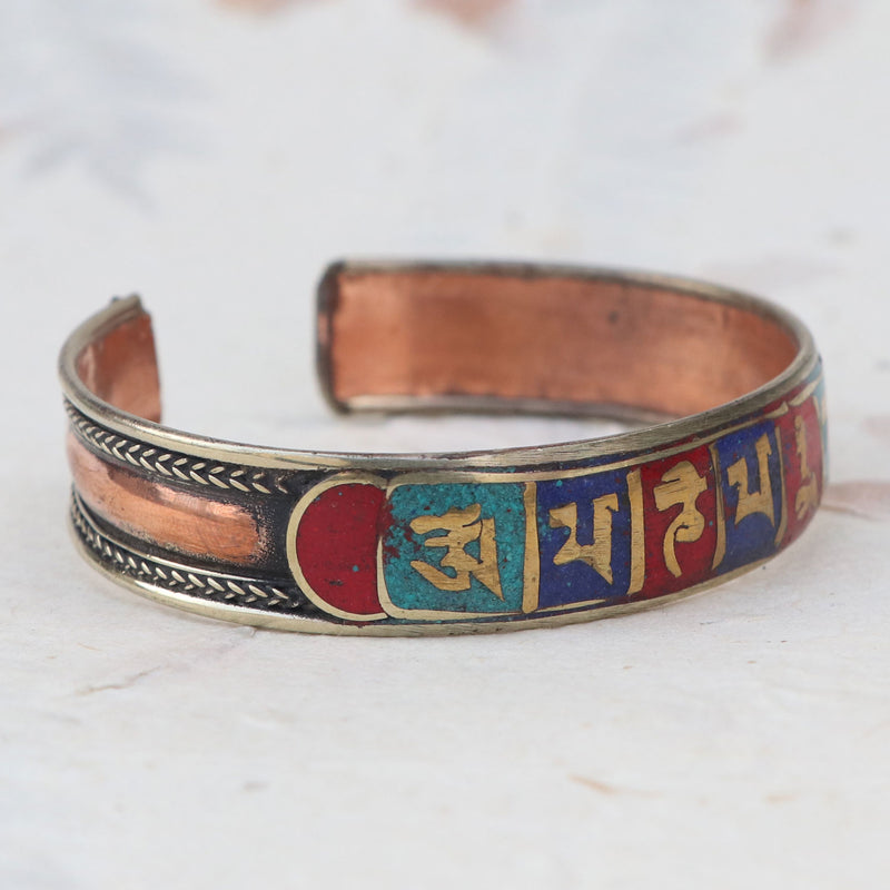 Om Mani Padme Hum Copper Bracelet with Stone Inlay