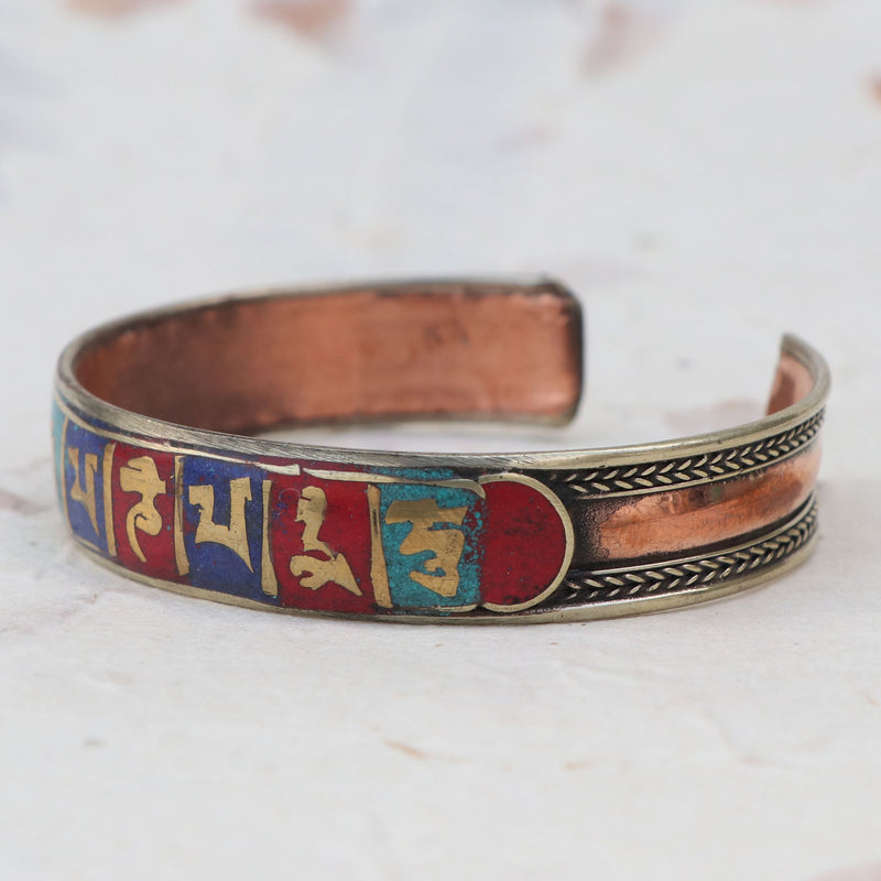 Om Mani Padme Hum Copper Bracelet with Stone Inlay