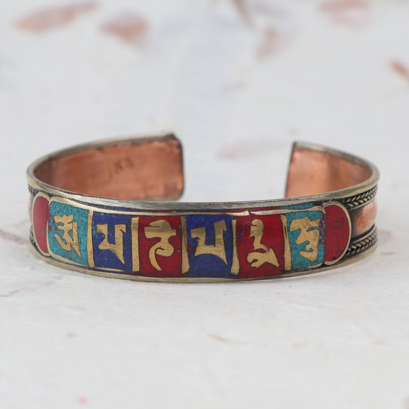 Om Mani Padme Hum Copper Bracelet with Stone Inlay