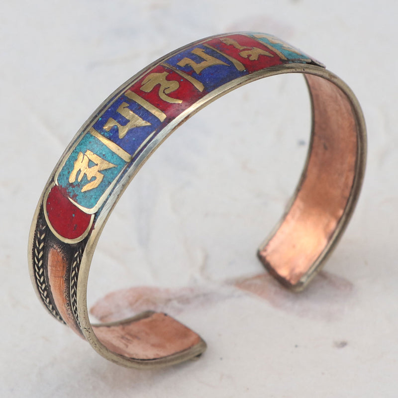 Om Mani Padme Hum Copper Bracelet with Stone Inlay