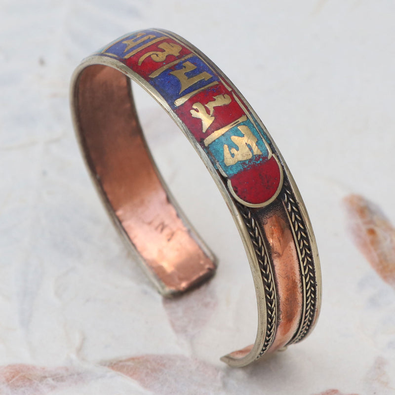 Om Mani Padme Hum Copper Bracelet with Stone Inlay