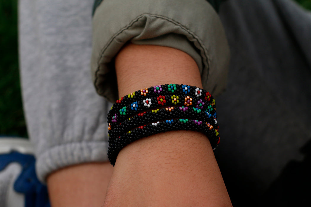 Confetti Black Flower Straight Handmade Nepal bracelet Set of 4