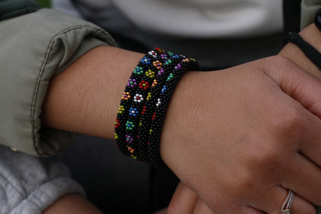 Confetti Black Flower Straight Handmade Nepal bracelet Set of 4