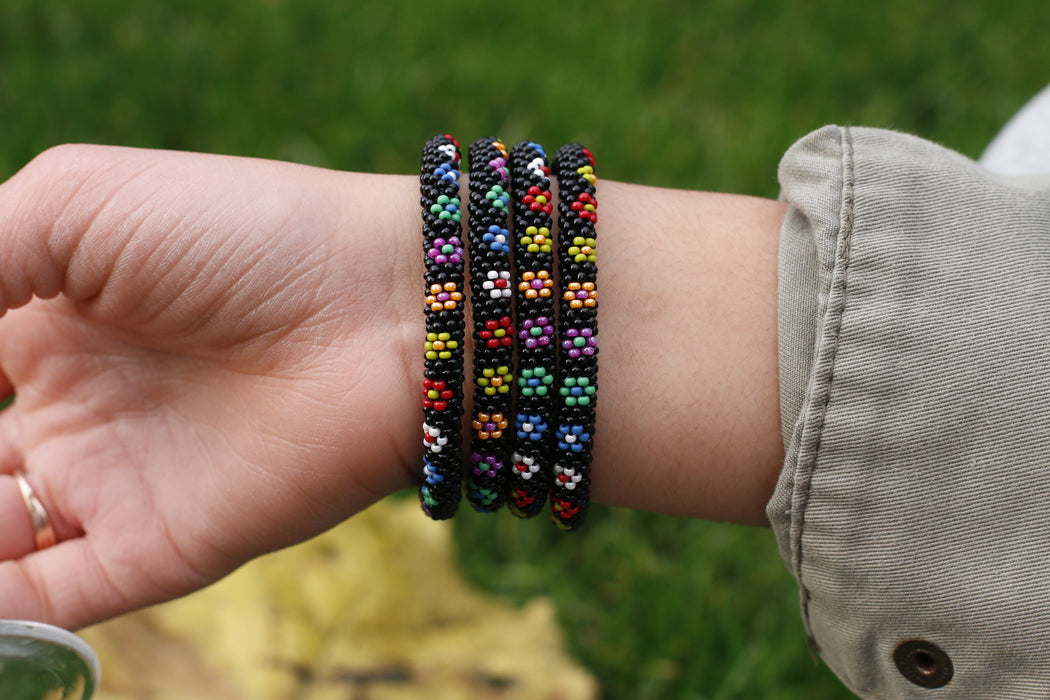 Confetti Black Flower Straight Handmade Nepal bracelet Set of 4