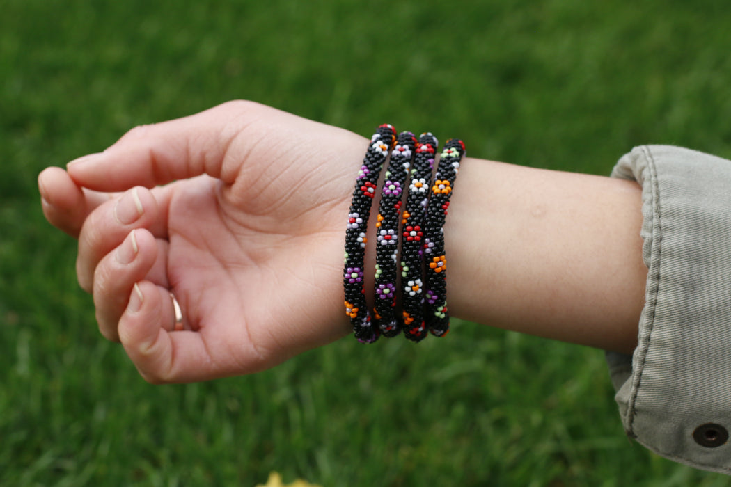 Confetti Black Flower Mix Handmade Nepal bracelet Set of 4