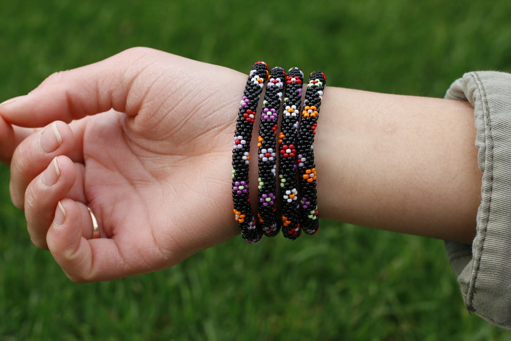 Confetti Black Flower Mix Handmade Nepal bracelet Set of 4