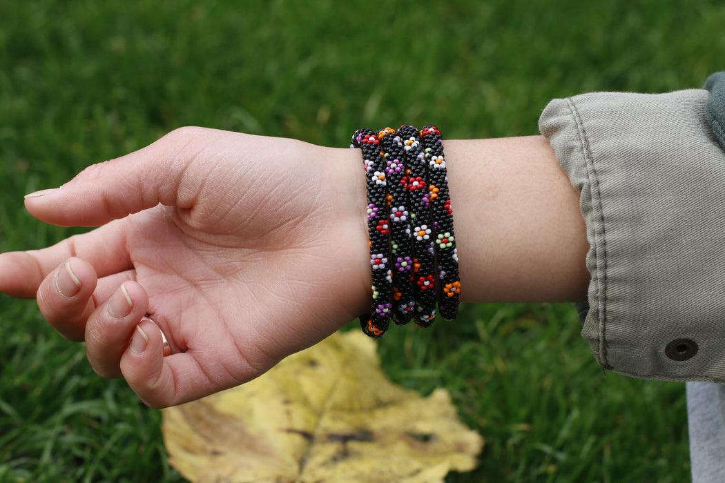 Confetti Black Flower Mix Handmade Nepal bracelet Set of 4