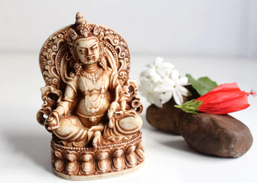 5-Inch Zambala Kubera Resin Statue - God of Wealth with Lotus Motif