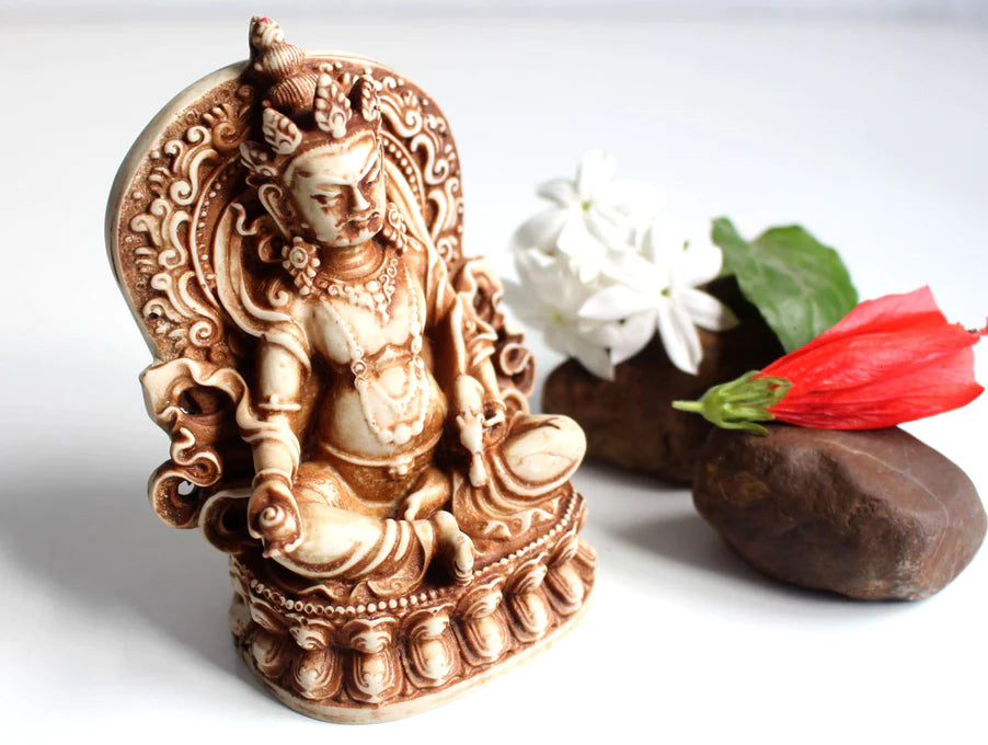 5-Inch Zambala Kubera Resin Statue - God of Wealth with Lotus Motif