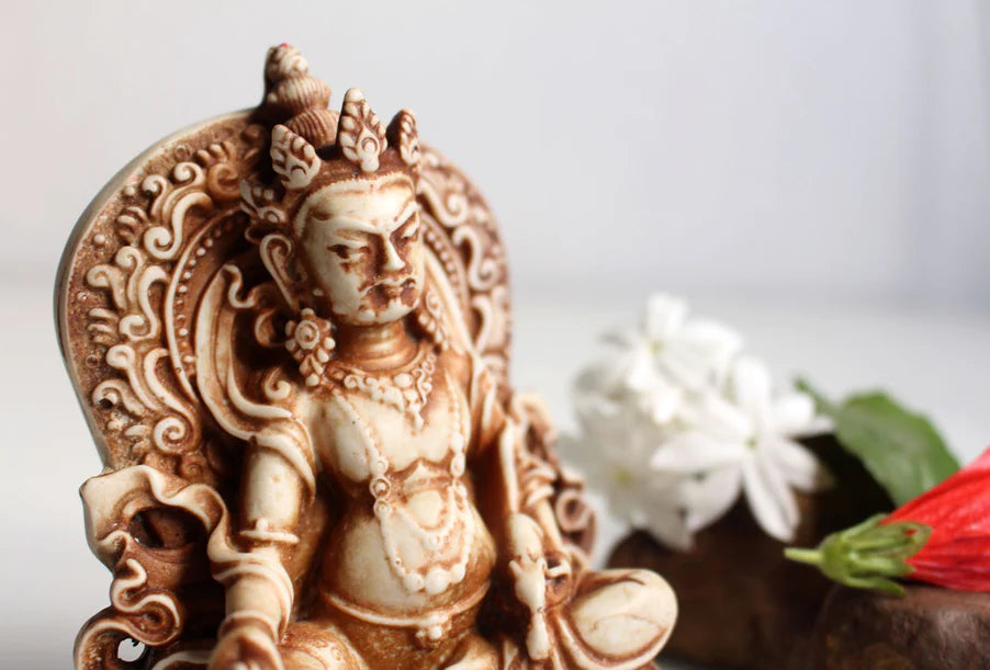 5-Inch Zambala Kubera Resin Statue - God of Wealth with Lotus Motif