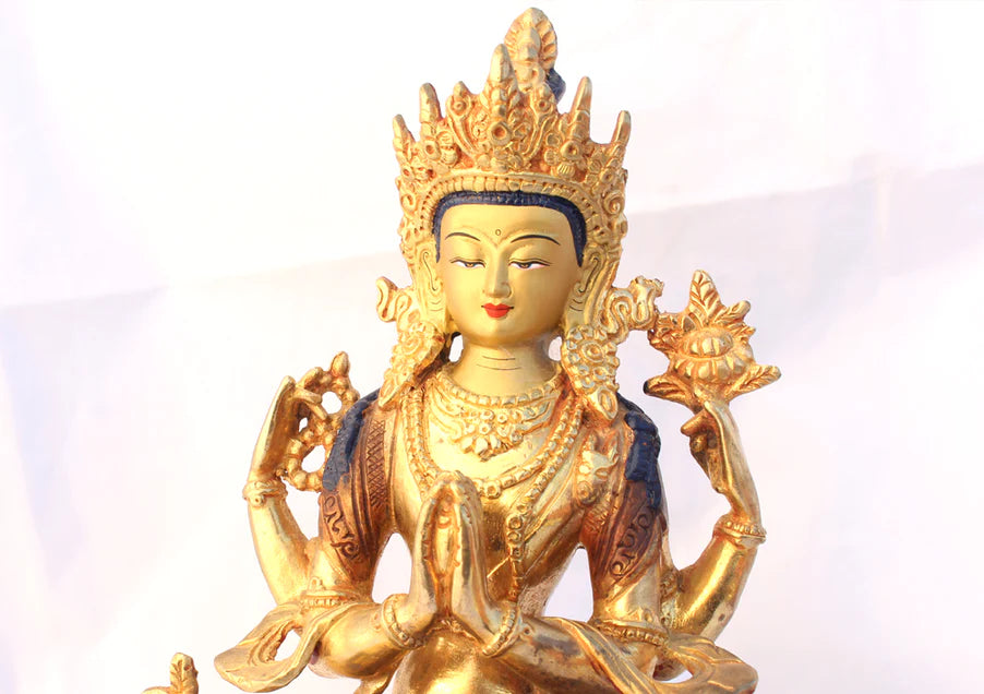 8 Inch Handmade Gold Plated Avalokisteswora Statue - Nepalese Craftsmanship