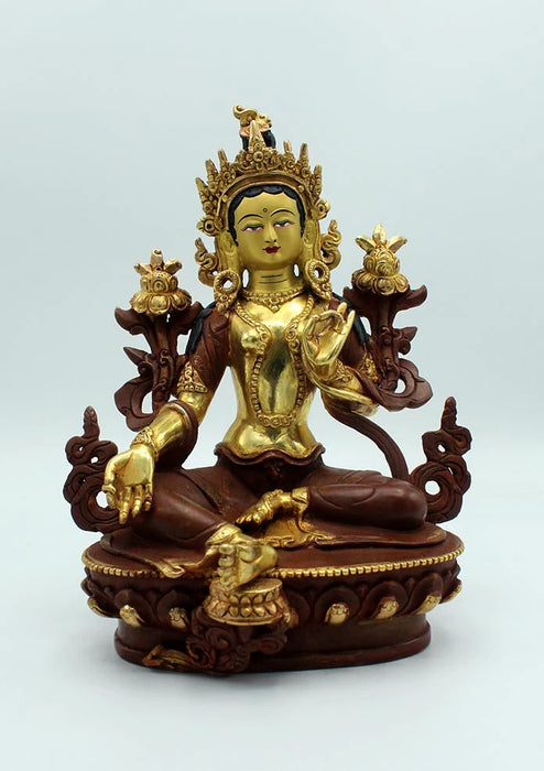 9-Inches Partly Gold Plated Green Tara Statue - Beautifully Crafted Buddhist Art