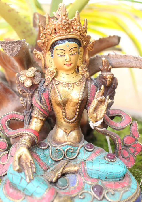 6-Inch Green Tara Statue with Glowing Aura and Inlaid Turquoise Robe