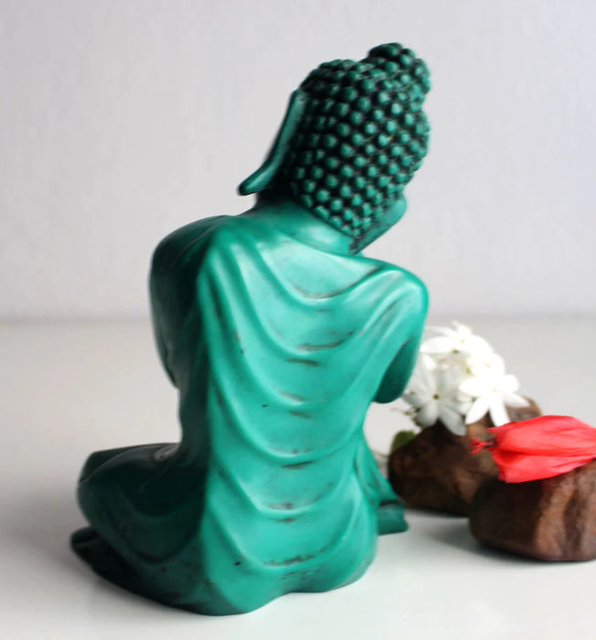 Turquoise Green Resin Resting Buddha Statue - 7.5 Inch Handmade Sculpture