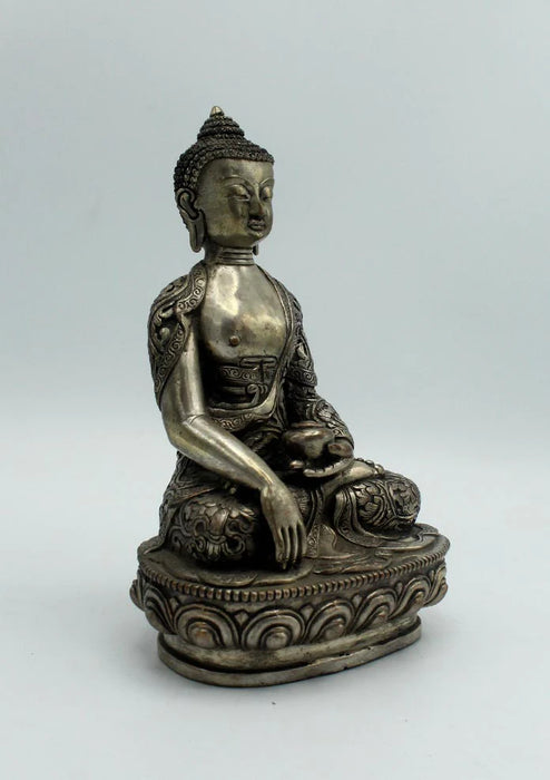 7.5-Inch White Metal Floral Carved Shakyamuni Buddha Statue - Birthplace Tribute