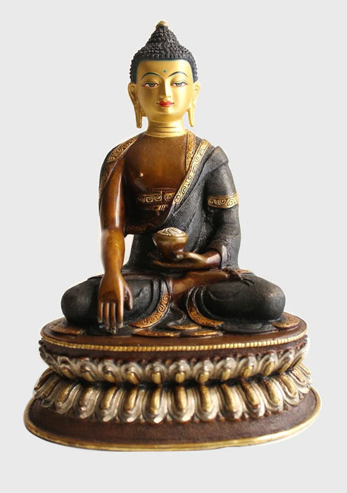 8.6 Inch Copper Shakyamuni Buddha Statue - Oxidized Finish with Gold & Silver Accents