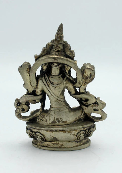 4 Inch White Metal Green Tara Statue - Exquisite Craftsmanship