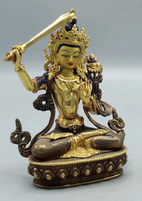 6-Inch Partly Gold Plated Copper Manjushree Statue - Exclusive Bodhisattva Sculpture