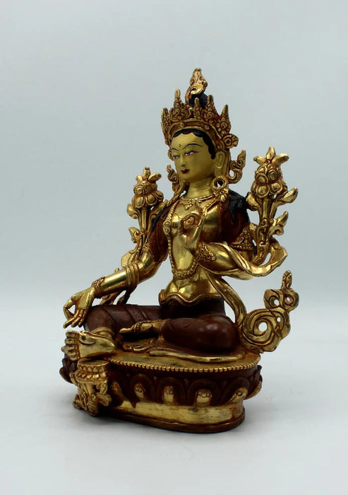 9-Inch Gold Plated Copper Green Tara Statue - Divine Craftsmanship