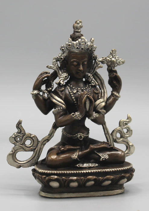 4 Inch High Copper Chenrezig Statue with Inlaid Silver Robe - Handmade from Nepal