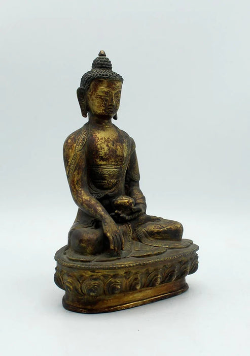 8 Inch Antique Copper Shakyamuni Buddha Statue - Gold Plated Nepalese Sculpture