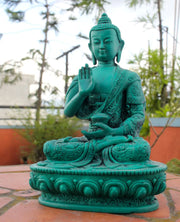 Green Amoghasiddhi Buddha Resin Statue with Floral Motifs - 7-Inch - 2