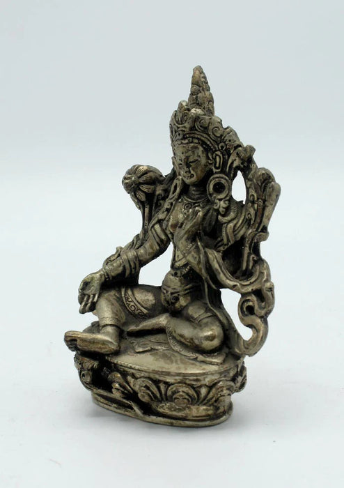 4 Inch White Metal Green Tara Statue - Exquisite Craftsmanship