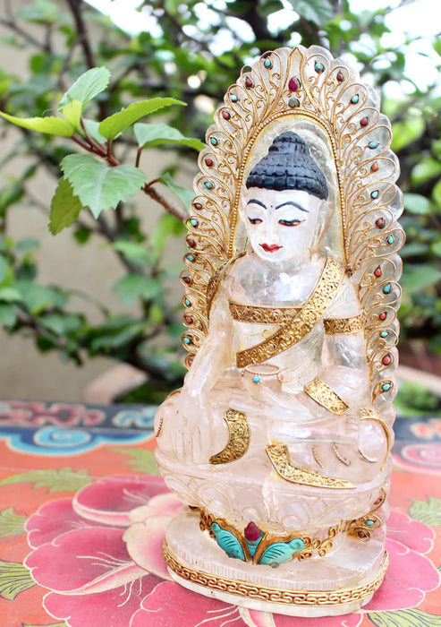 8 Inch Crystal Shakyamuni Buddha Statue with Gold-Plated Silver Robe