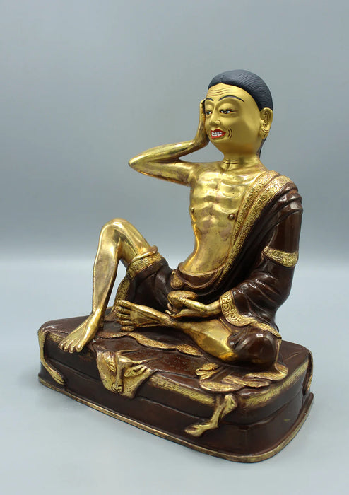 10-Inch Copper Gold Plated Milarepa Statue - Handcrafted Tibetan Yogi Sculpture