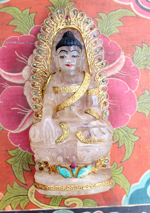 8 Inch Crystal Shakyamuni Buddha Statue with Gold-Plated Silver Robe