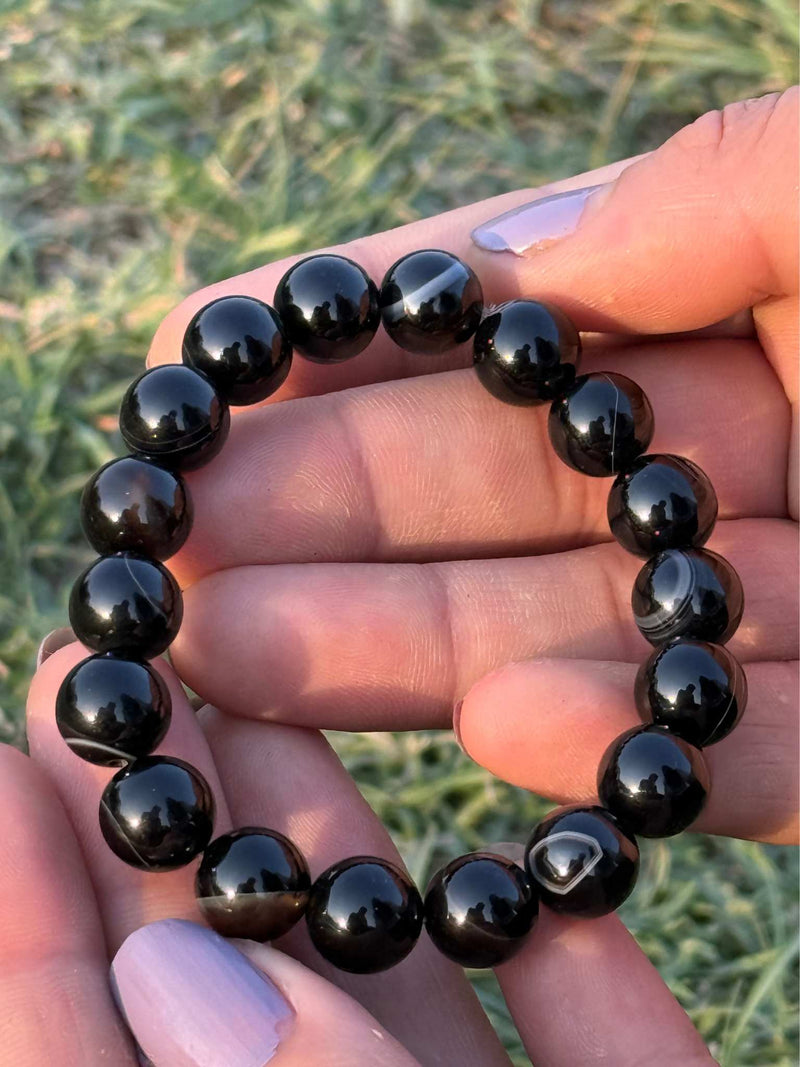Black Obsidian 10mm Gemstone Bracelet – Natural Stretch Bead Bracelet