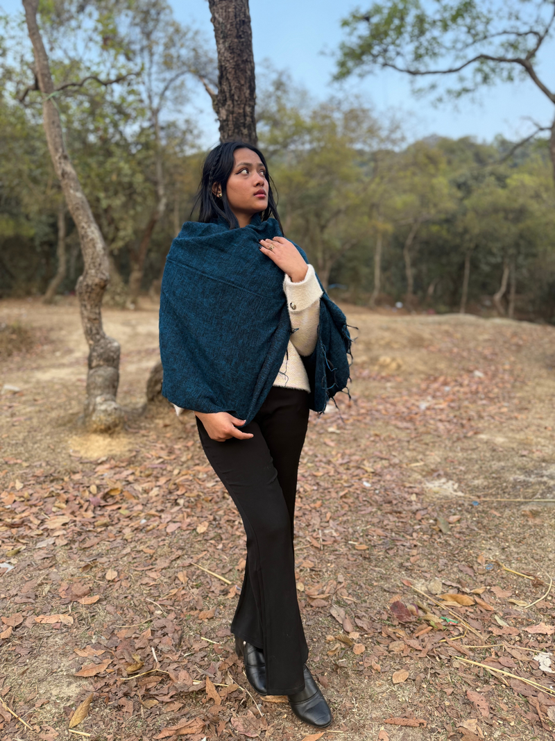 Handwoven Nepal Wool Scarf - Blue Yak Wool Blend Shawl