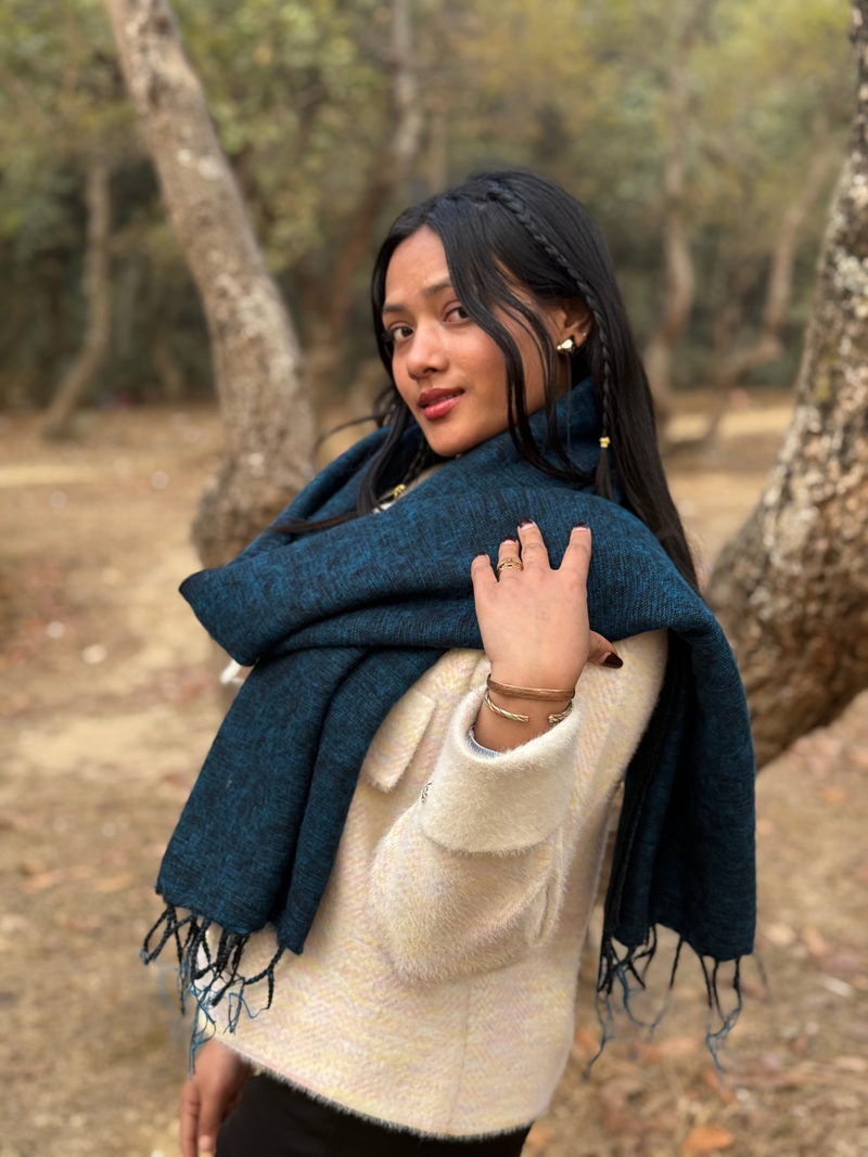 Handwoven Nepal Wool Scarf - Blue Yak Wool Blend Shawl