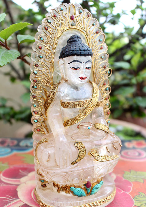 8 Inch Crystal Shakyamuni Buddha Statue with Gold-Plated Silver Robe