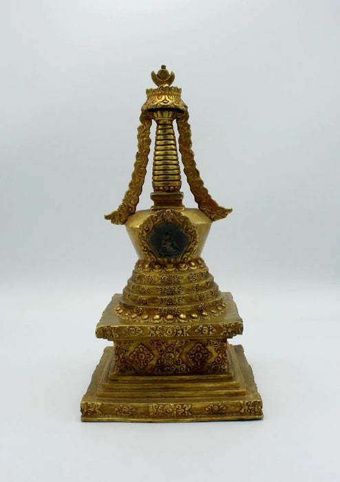 11.5 Inch Gold Plated Copper Stupa Chorten - Tibetan Carvings and Buddha Figurine