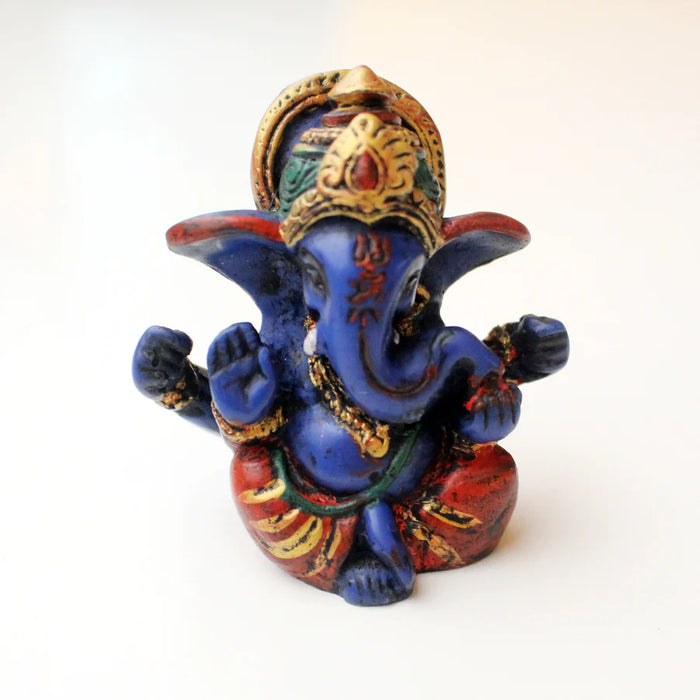 Baby Ganesh Resin Statue - 2.5 Inch Blue Four-Armed Lord of Success