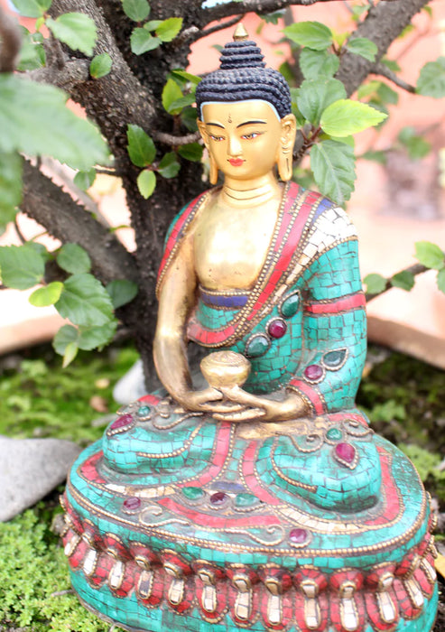 8.5 Inch High Amitabh Buddha Statue with Inlaid Turquoise and Coral