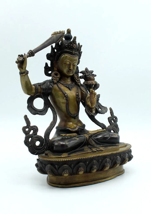 8.5 Inch Handcarved Copper Manjushree Statue - Traditional Craftsmanship