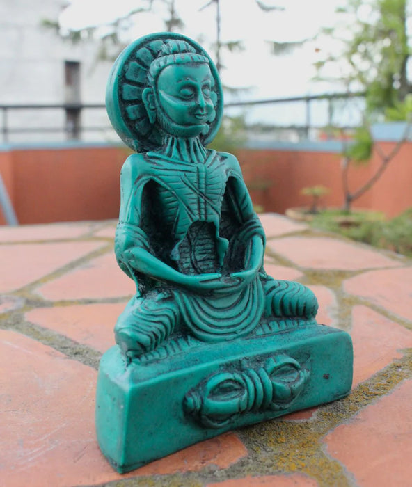 Green Emaciated Meditating Buddha Resin Statue - Handmade Serenity