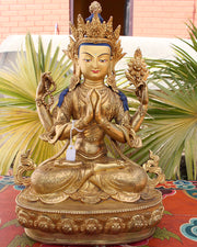 13-Inch Gold-Plated Chenrezig Statue - Intricate Carvings, Masterpiece Craftsmanship
