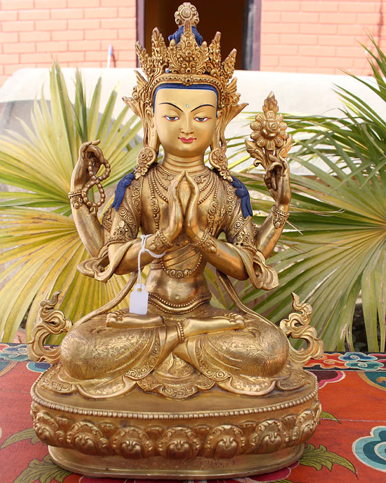 13-Inch Gold-Plated Chenrezig Statue - Intricate Carvings, Masterpiece Craftsmanship