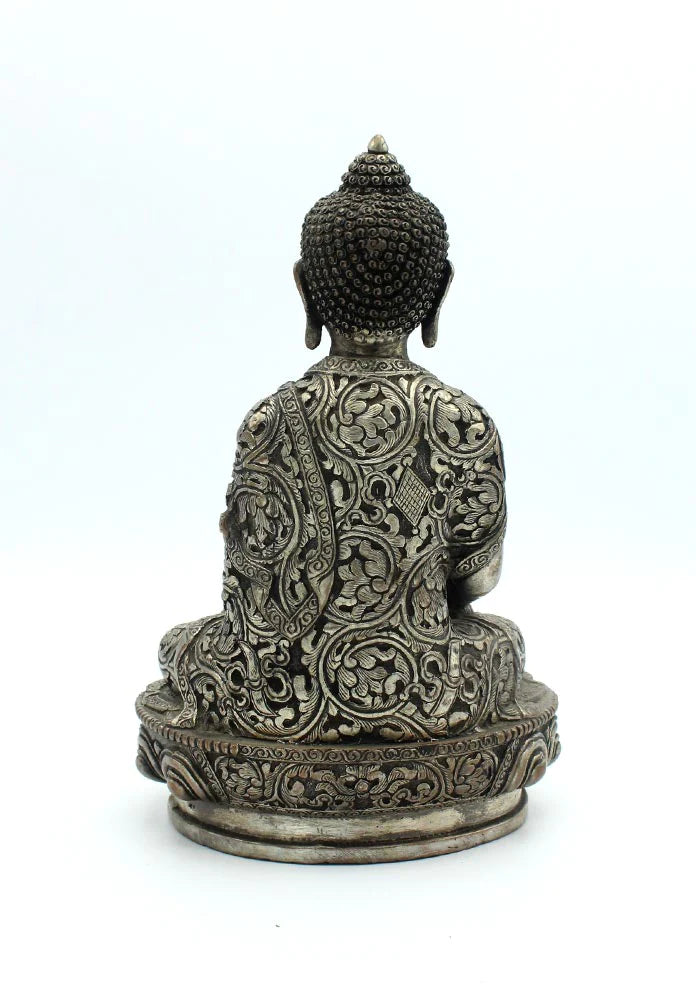 7.5-Inch White Metal Floral Carved Shakyamuni Buddha Statue - Birthplace Tribute - 2