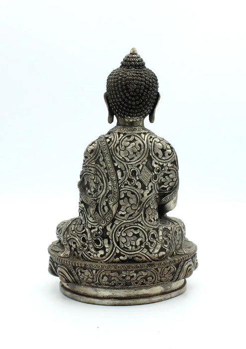 7.5-Inch White Metal Floral Carved Shakyamuni Buddha Statue - Birthplace Tribute