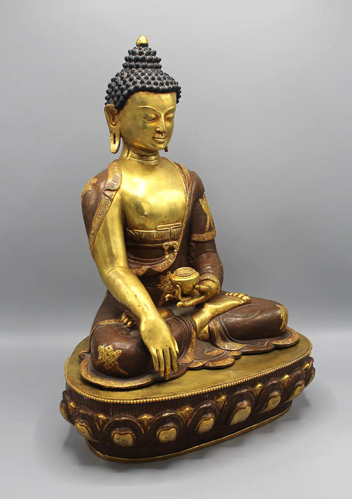 Auspicious Symbol Carved Shakyamuni Buddha Statue - Gold Plated Copper