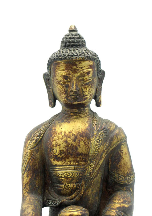 8 Inch Antique Copper Shakyamuni Buddha Statue - Gold Plated Nepalese Sculpture